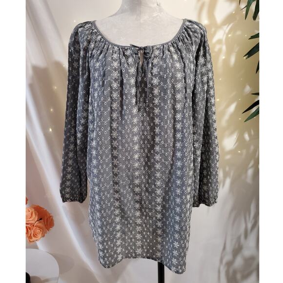 Ralph Lauren Chaps Sheer Eyelet 3/4 Sleeve Peasant Top Size L Tie Neck Cottage - Picture 1 of 11